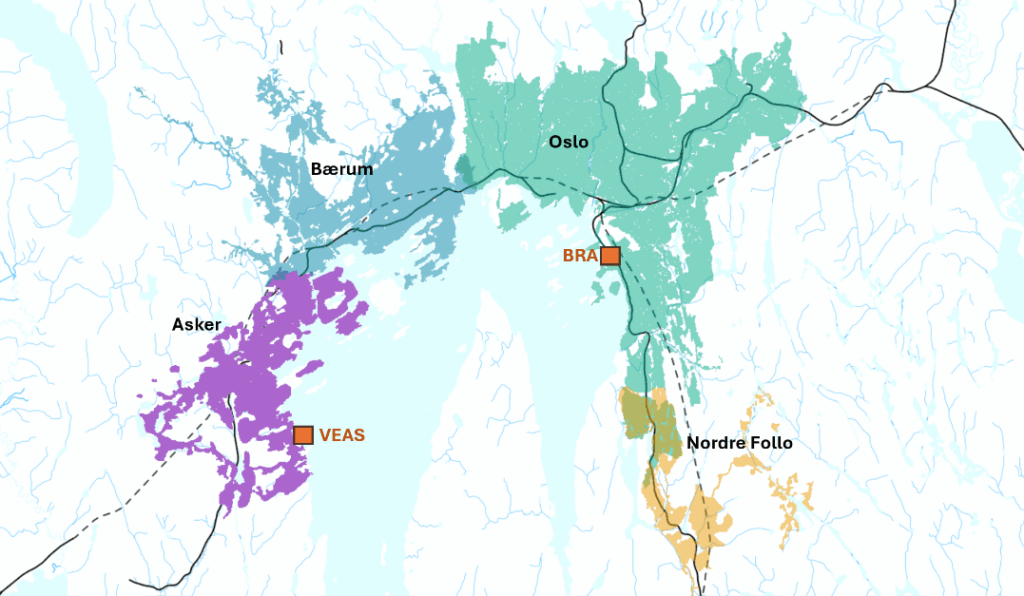 Nedslagsfelt til VEAS og BRA, Nordre Follo, Oslo, Bærum og Asker